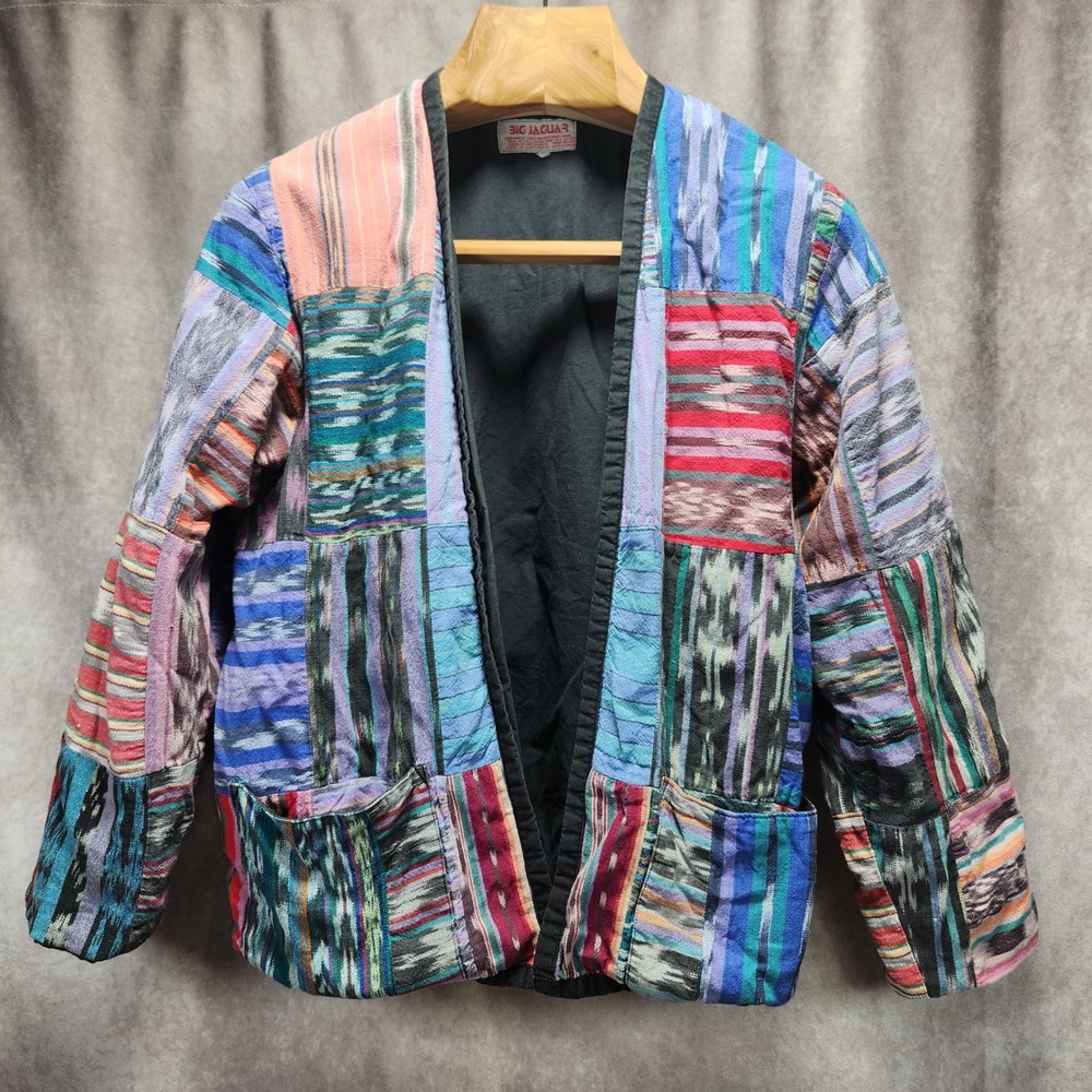 Vtg Big Jaguar Guatemala Hand Woven Patchwork Ikat Jacket MultiColor Sz L Boho